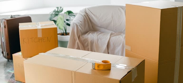 Empty apartment with packed carton boxes before moving