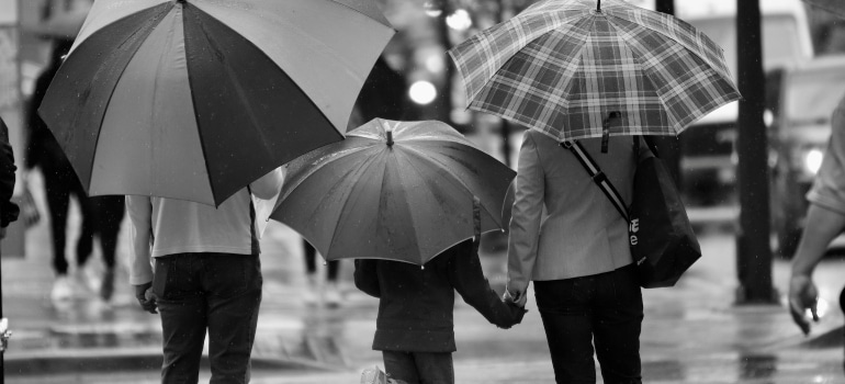 Picture of a family carrying umbrellas