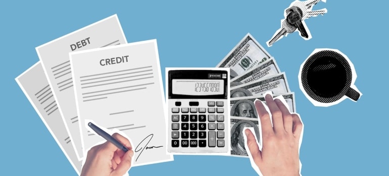 prepare credit and debt documents, calculator, money, coffee mug, and keys when moving your business to LA County 